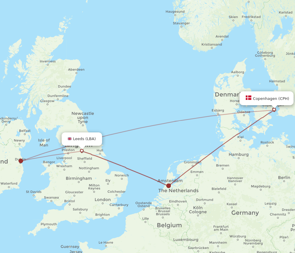 CPH to LBA flights and routes map