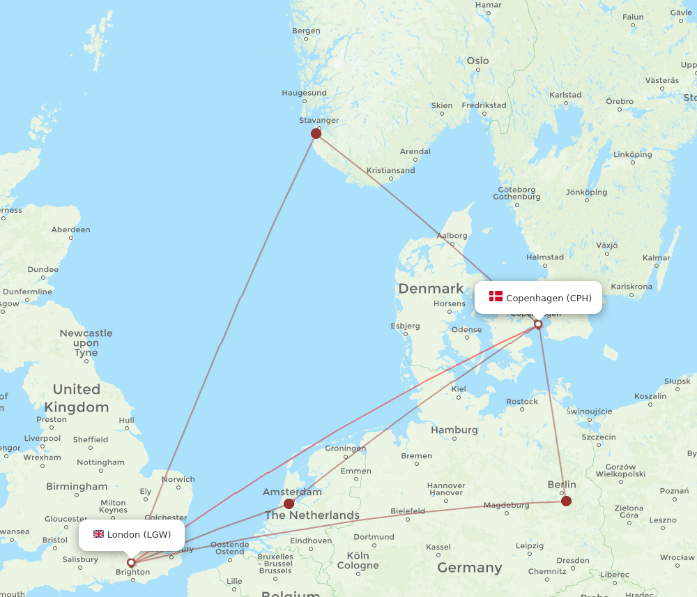 CPH to LGW flights and routes map