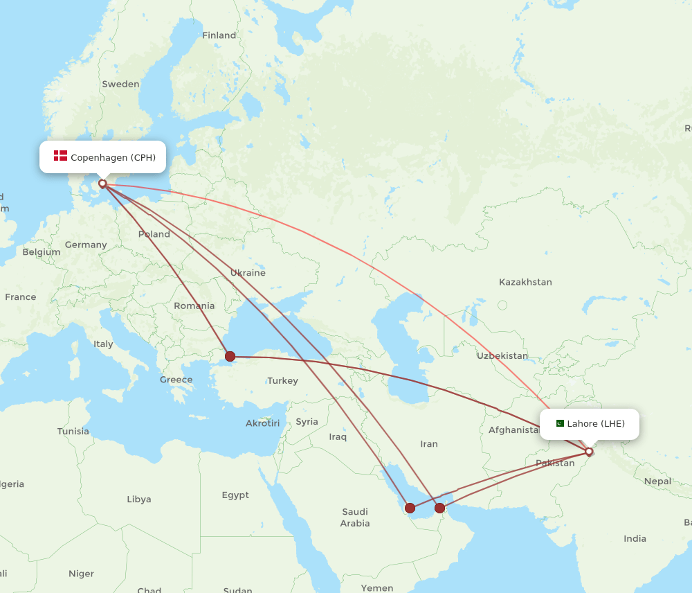 CPH-LHE flight routes