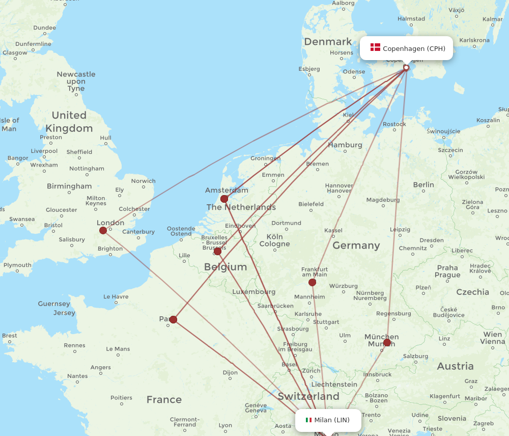 CPH to LIN flights and routes map