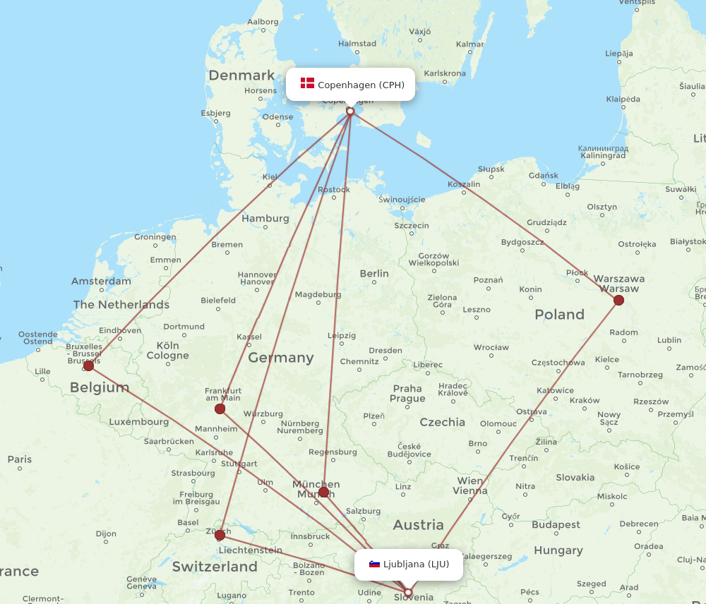 CPH to LJU flights and routes map