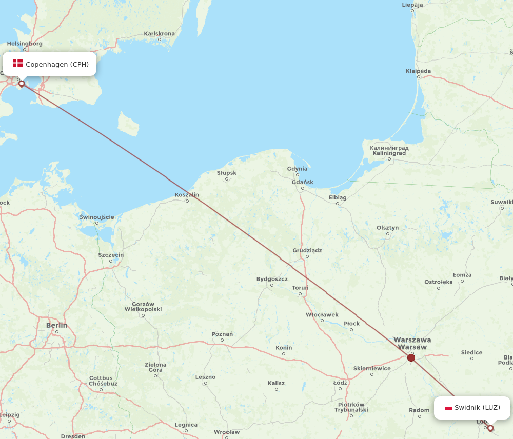 CPH to LUZ flights and routes map