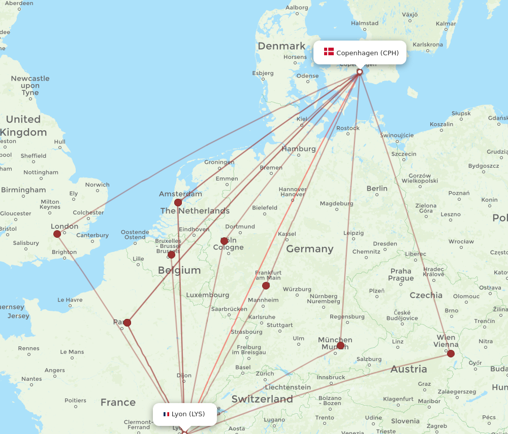 CPH to LYS flights and routes map