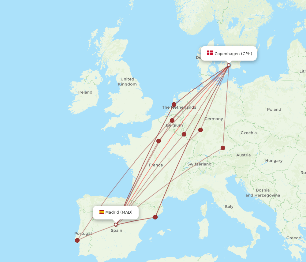 CPH-MAD flight routes