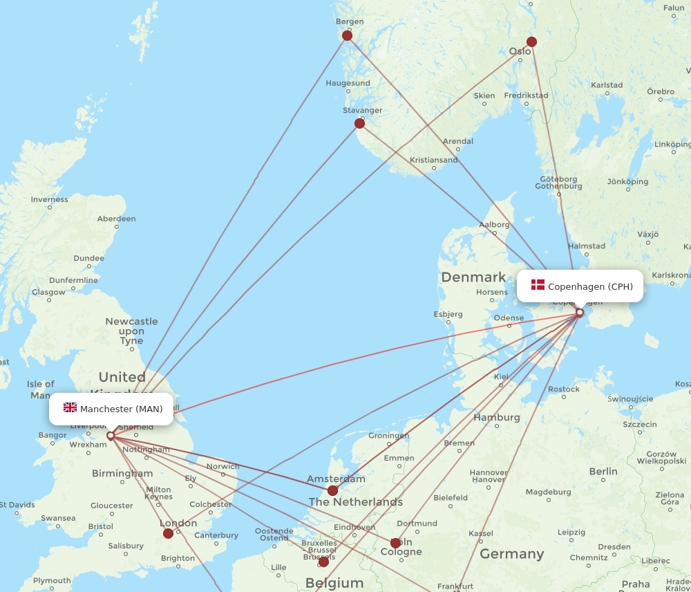 CPH to MAN flights and routes map
