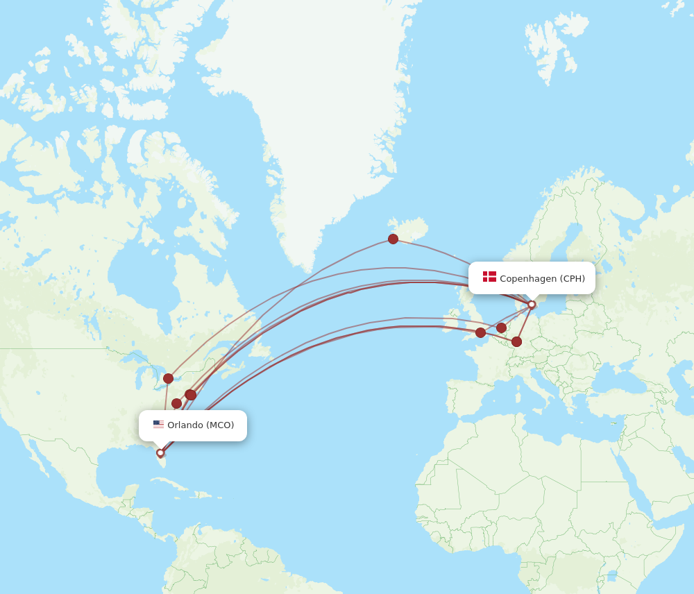 CPH to MCO flights and routes map