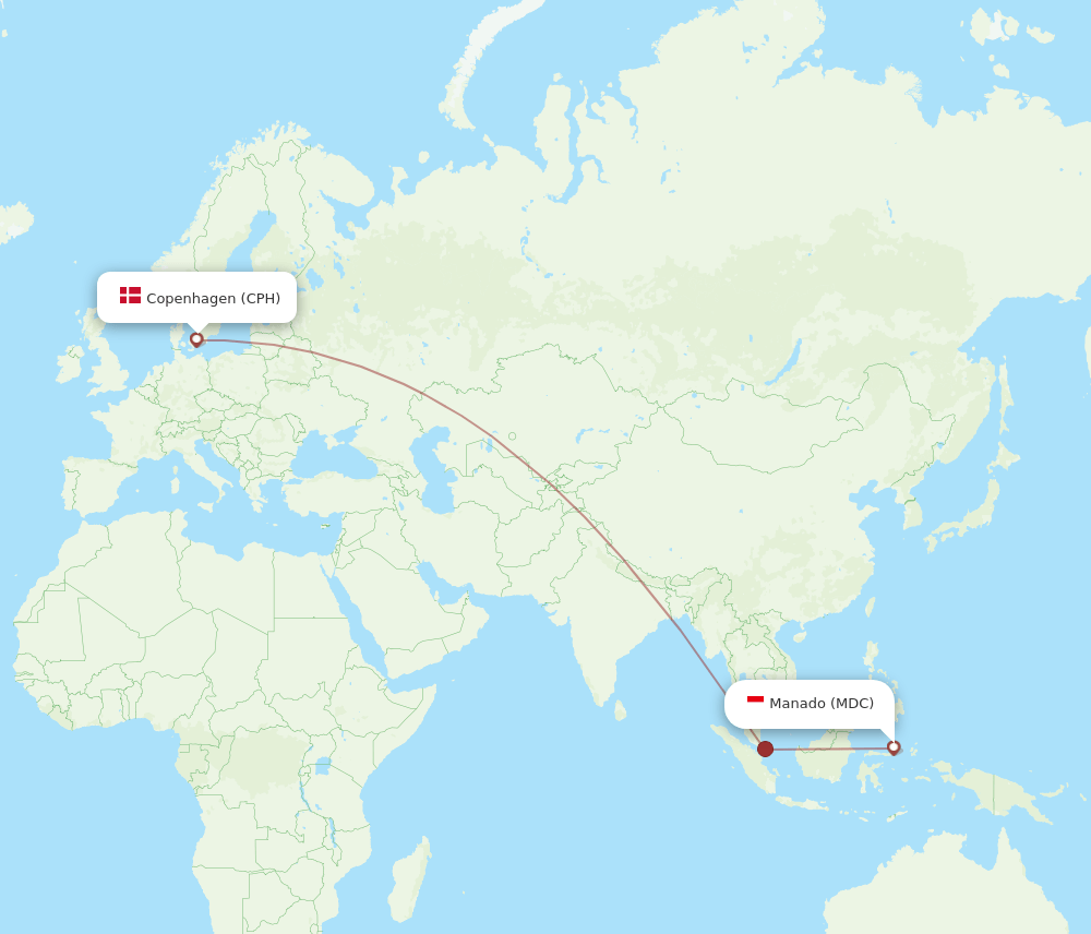 Manado - Copenhagen route map and flight paths
