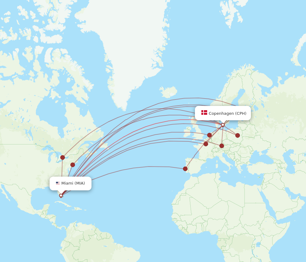 CPH to MIA flights and routes map