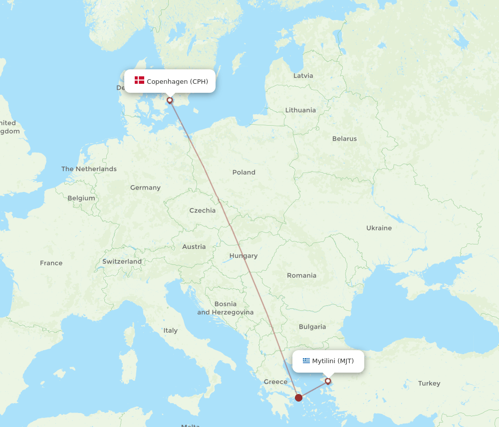 CPH to MJT flights and routes map