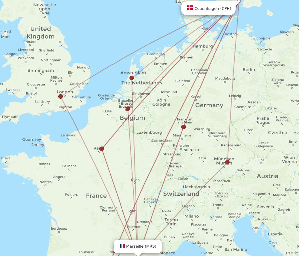 CPH to MRS flights and routes map