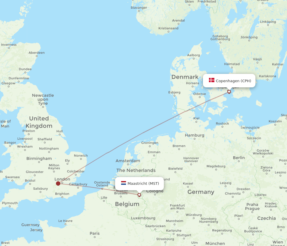 Copenhagen - Maastricht route map and flight paths