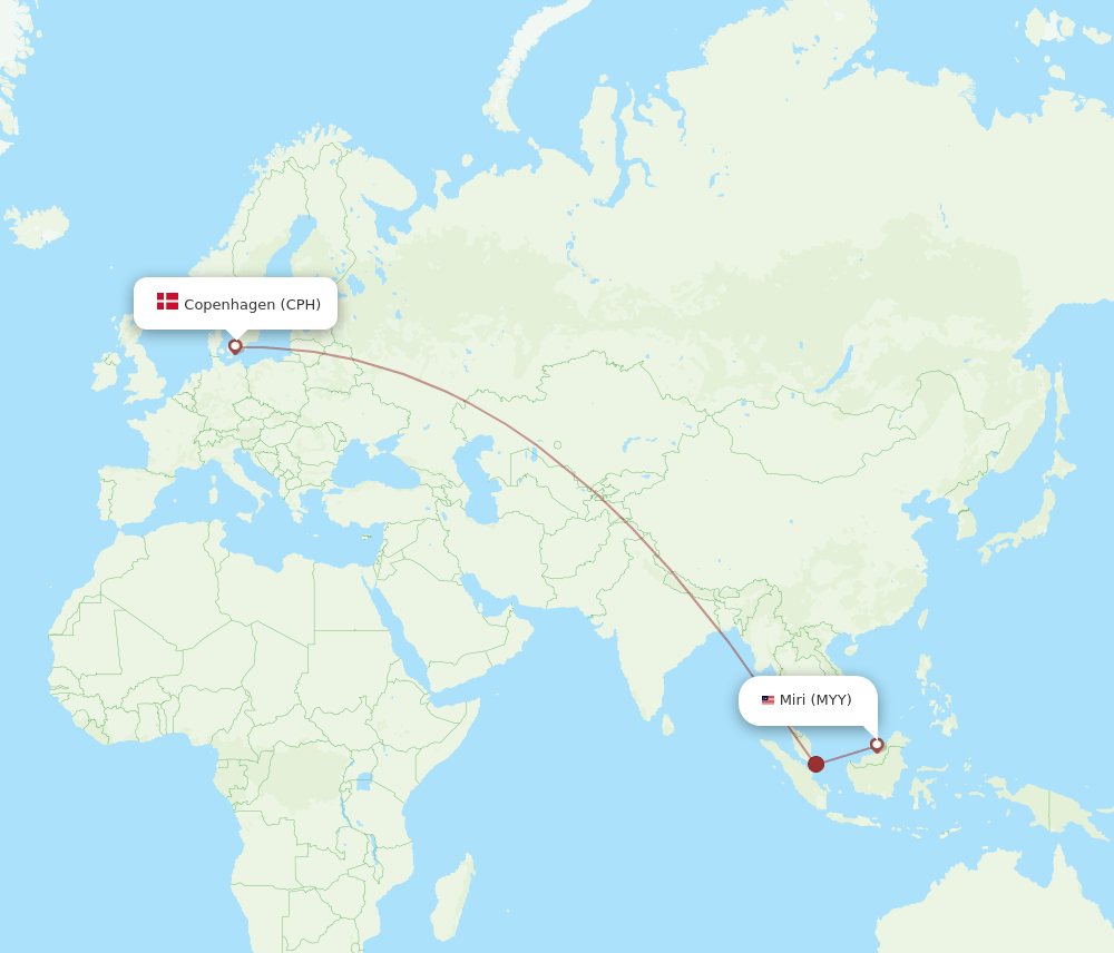Miri - Copenhagen route map and flight paths