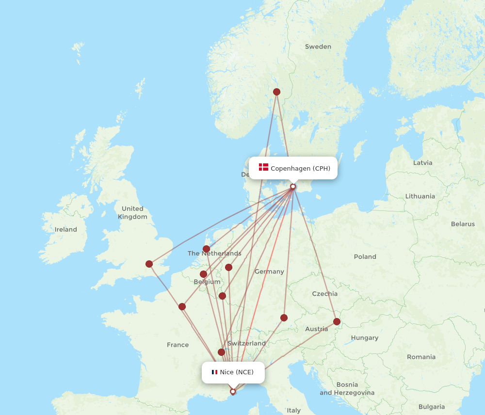 CPH to NCE flights and routes map