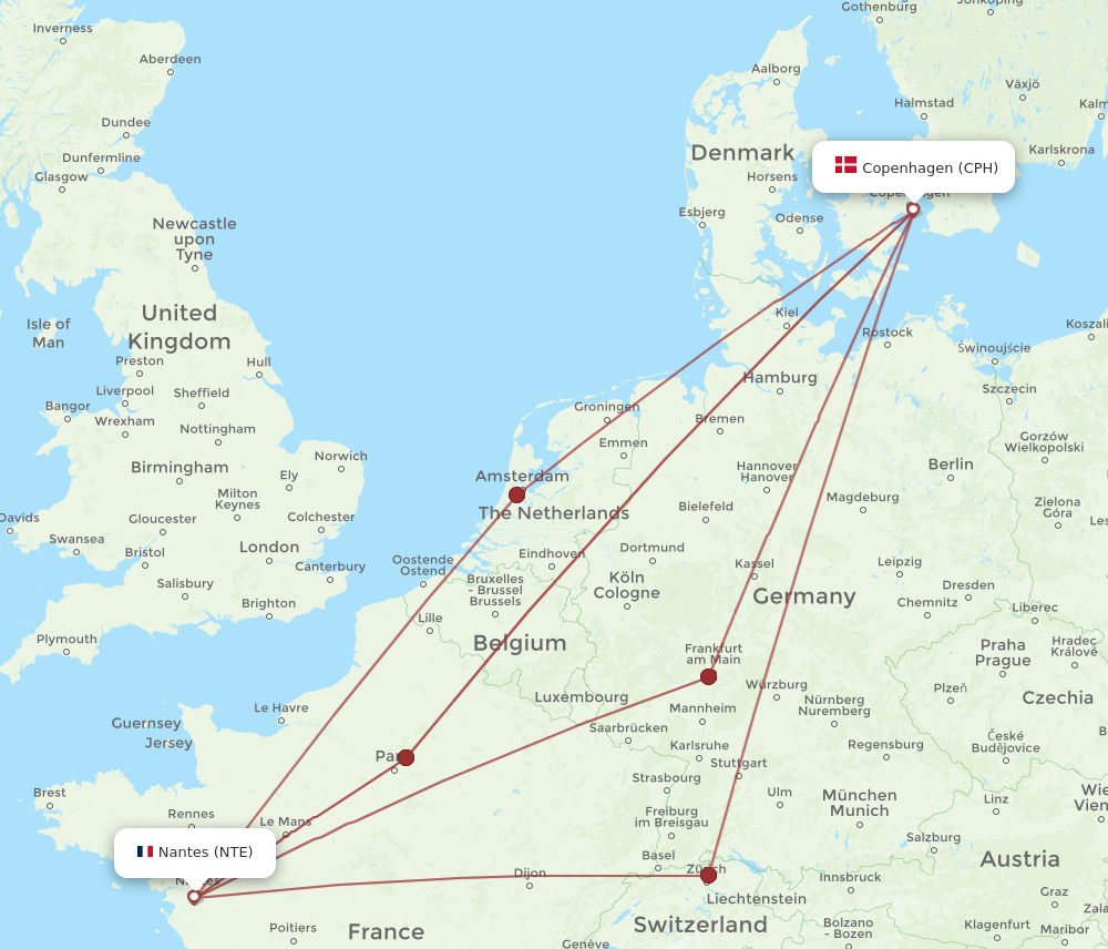 CPH to NTE flights and routes map