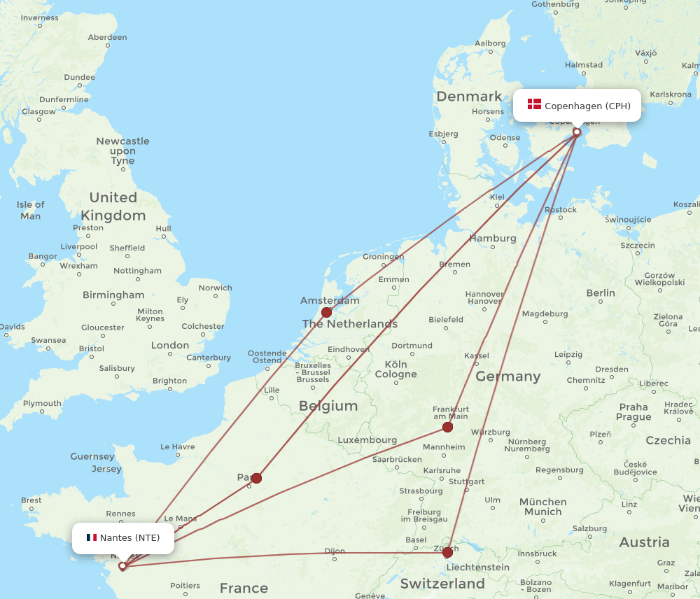 CPH to NTE flights and routes map