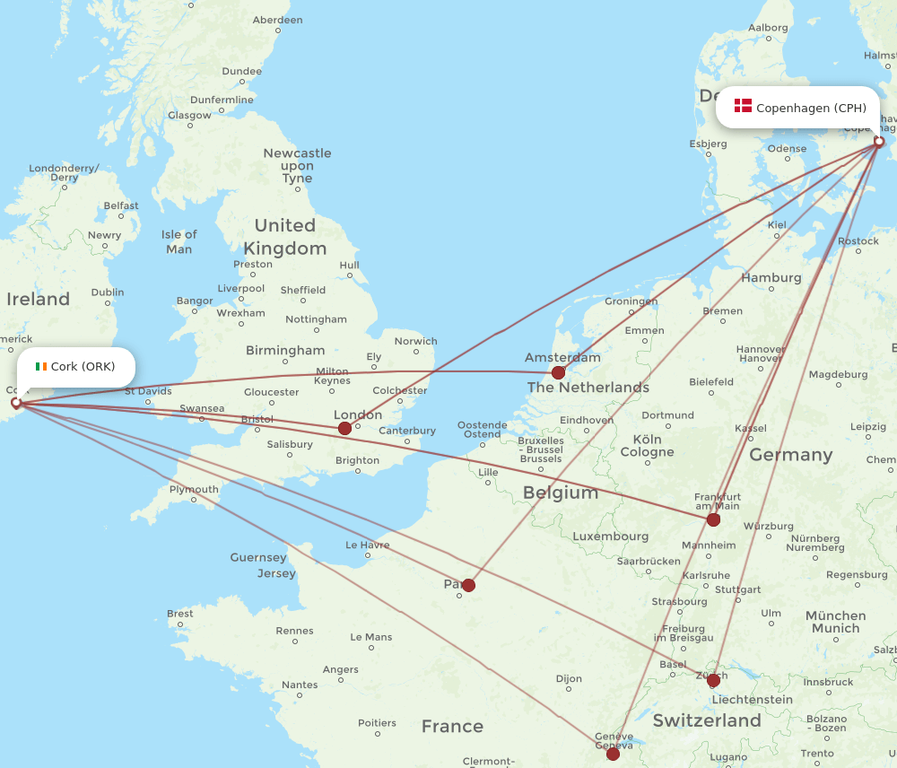 CPH to ORK flights and routes map