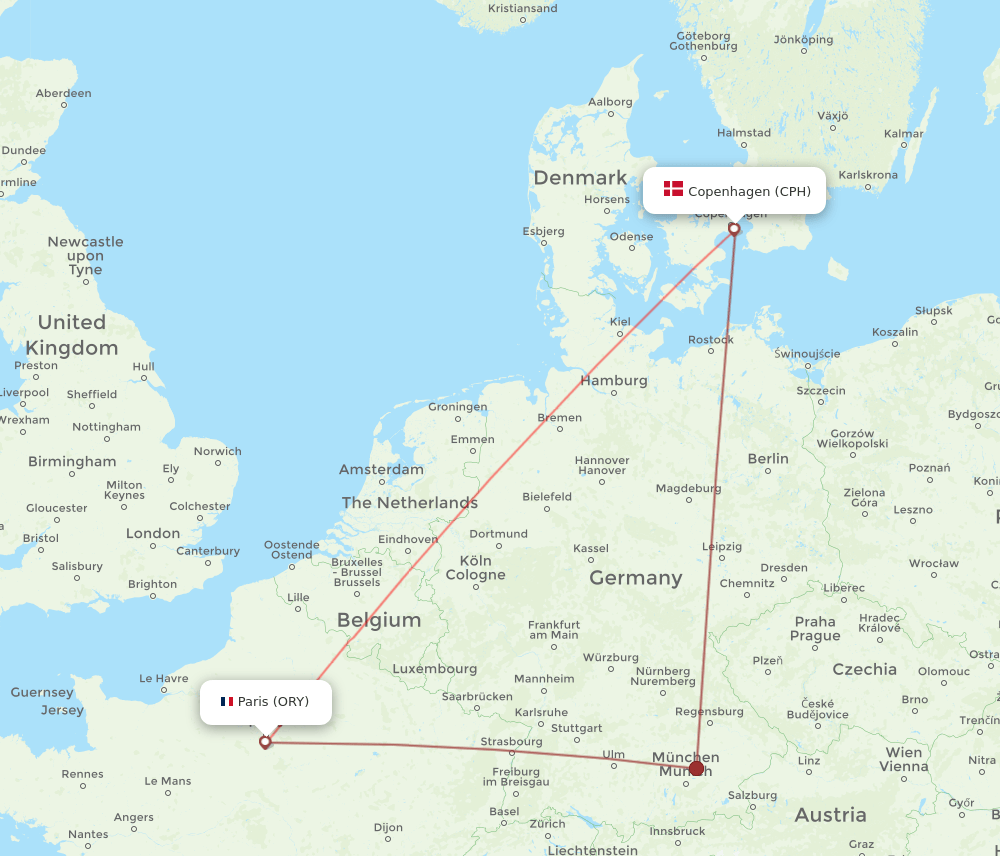 Copenhagen - Paris route map and flight paths