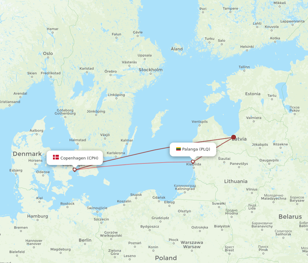 CPH to PLQ flights and routes map