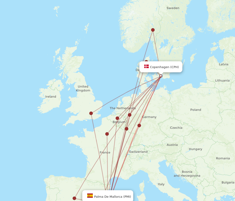 CPH to PMI flights and routes map