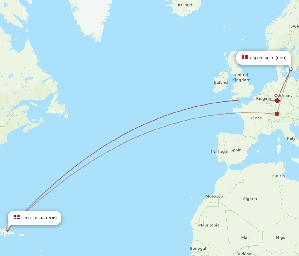 CPH to POP flights and routes map