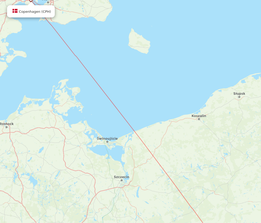 Copenhagen - Poznan route map and flight paths