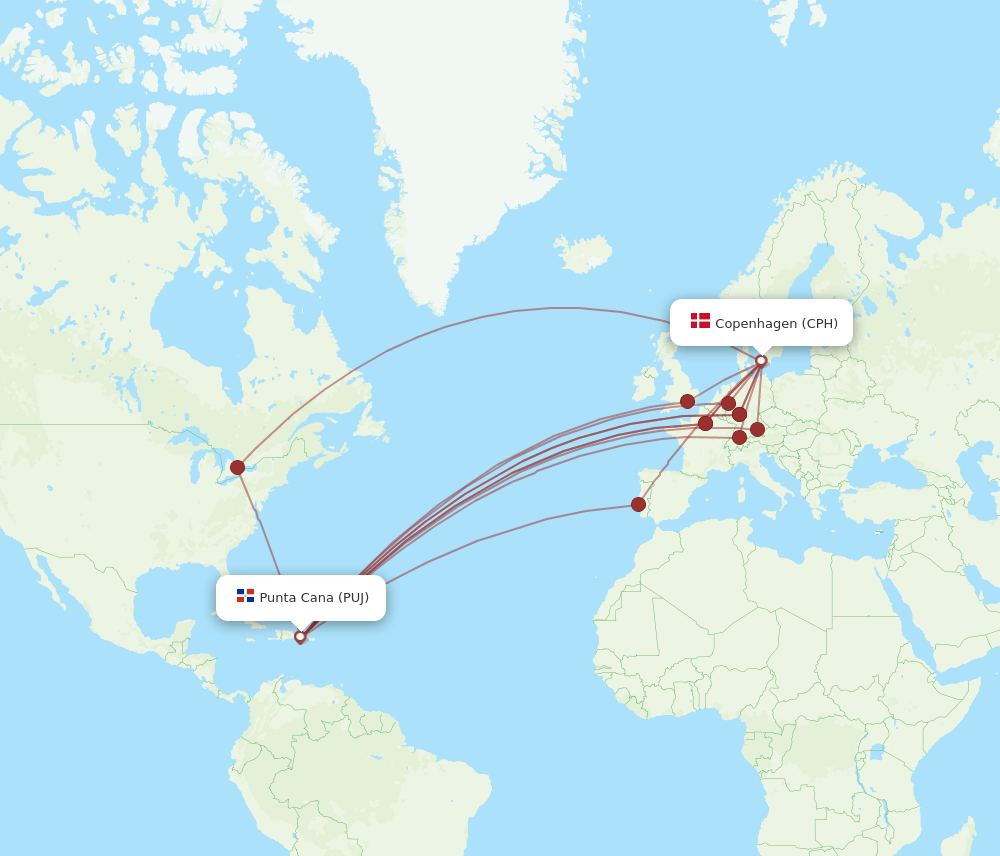 CPH to PUJ flights and routes map