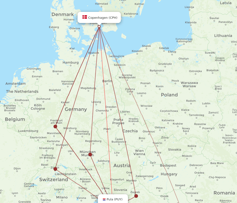 CPH to PUY flights and routes map
