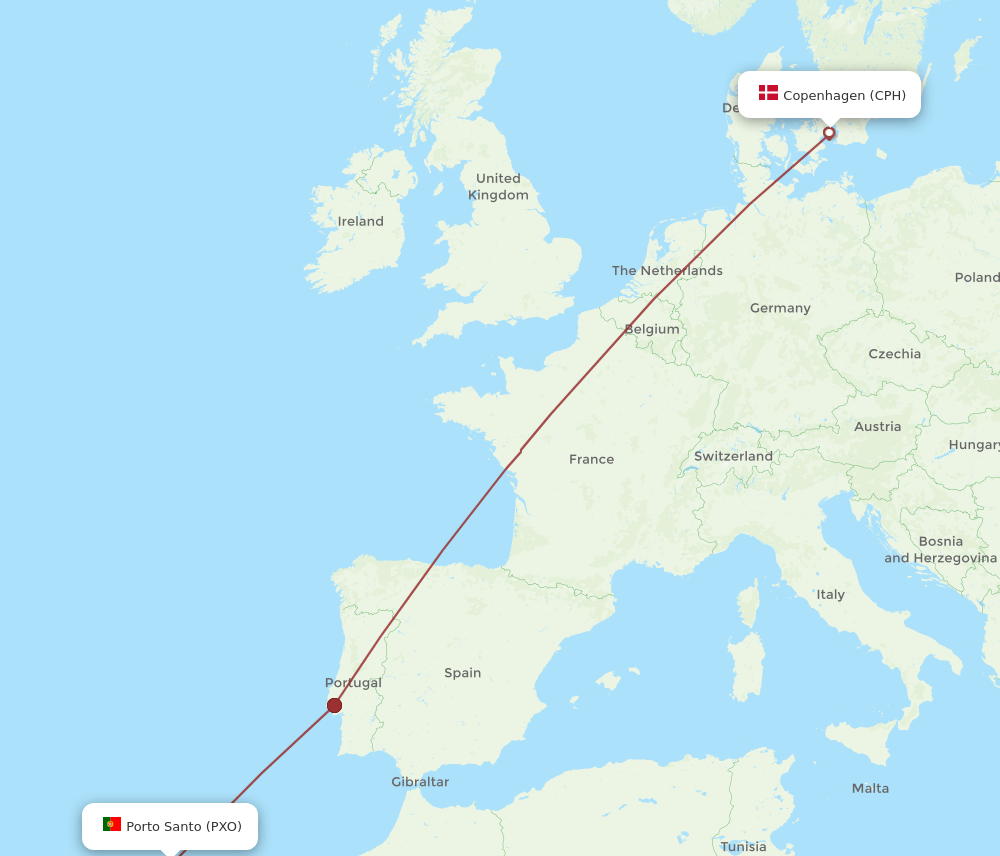 Porto Santo (Madeira) - Copenhagen route map and flight paths