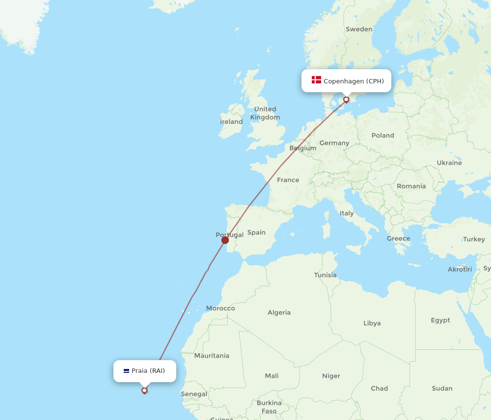 CPH to RAI flights and routes map