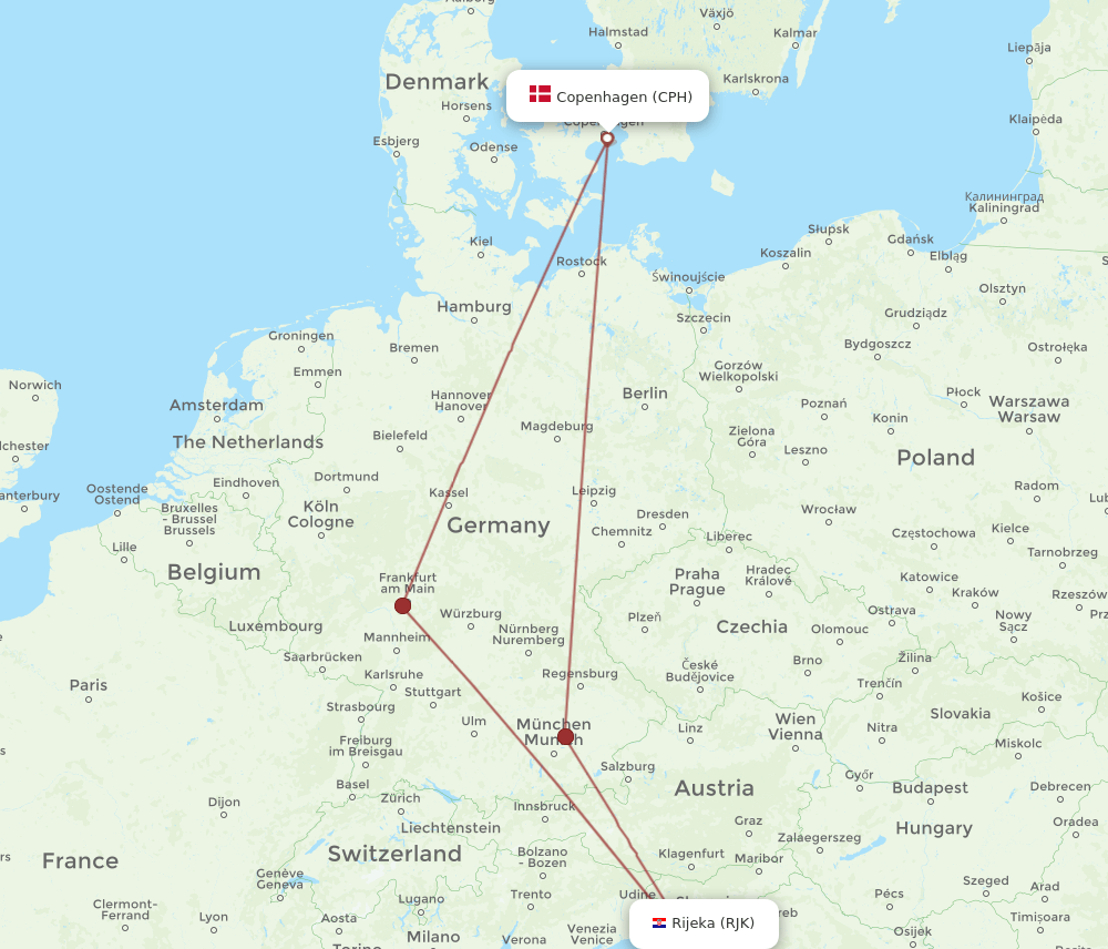 CPH to RJK flights and routes map