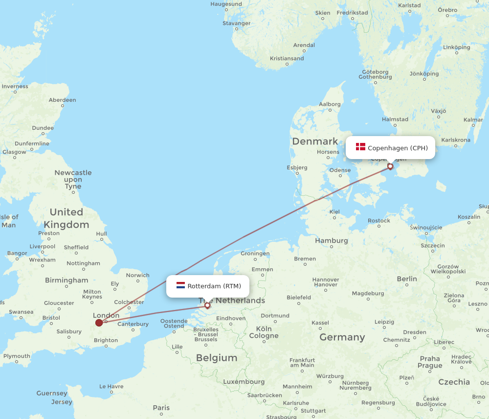 CPH to RTM flights and routes map
