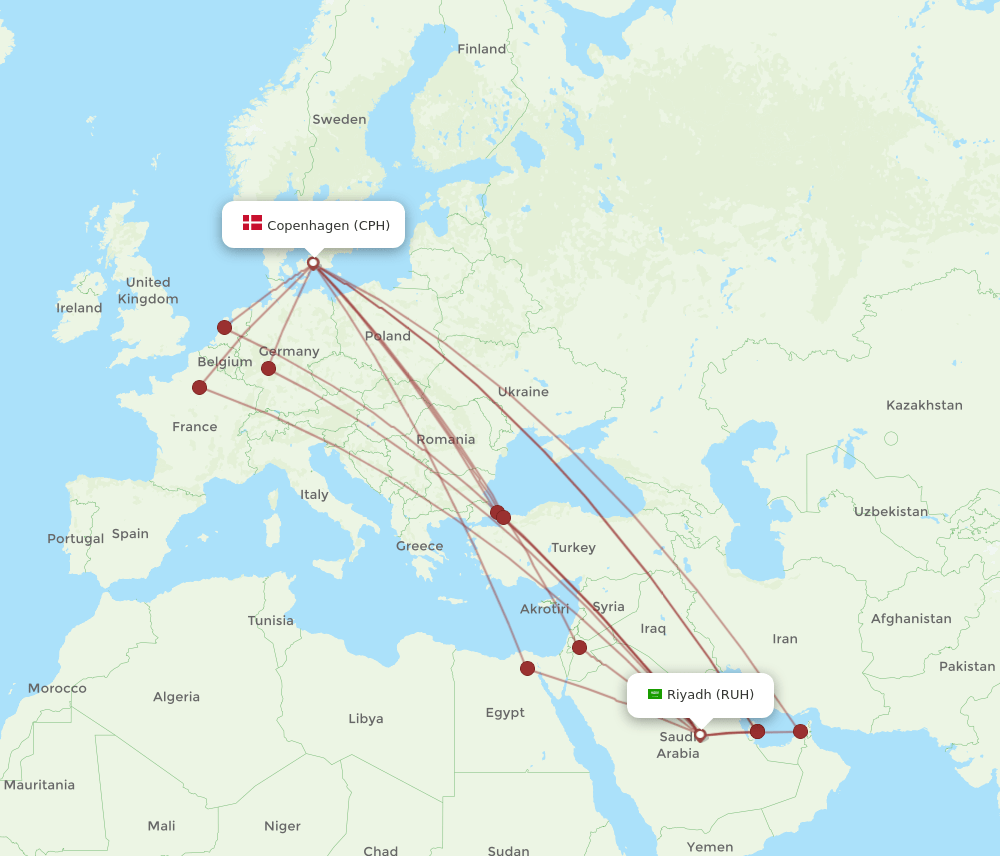 CPH to RUH flights and routes map