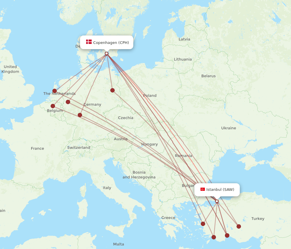 CPH to SAW flights and routes map