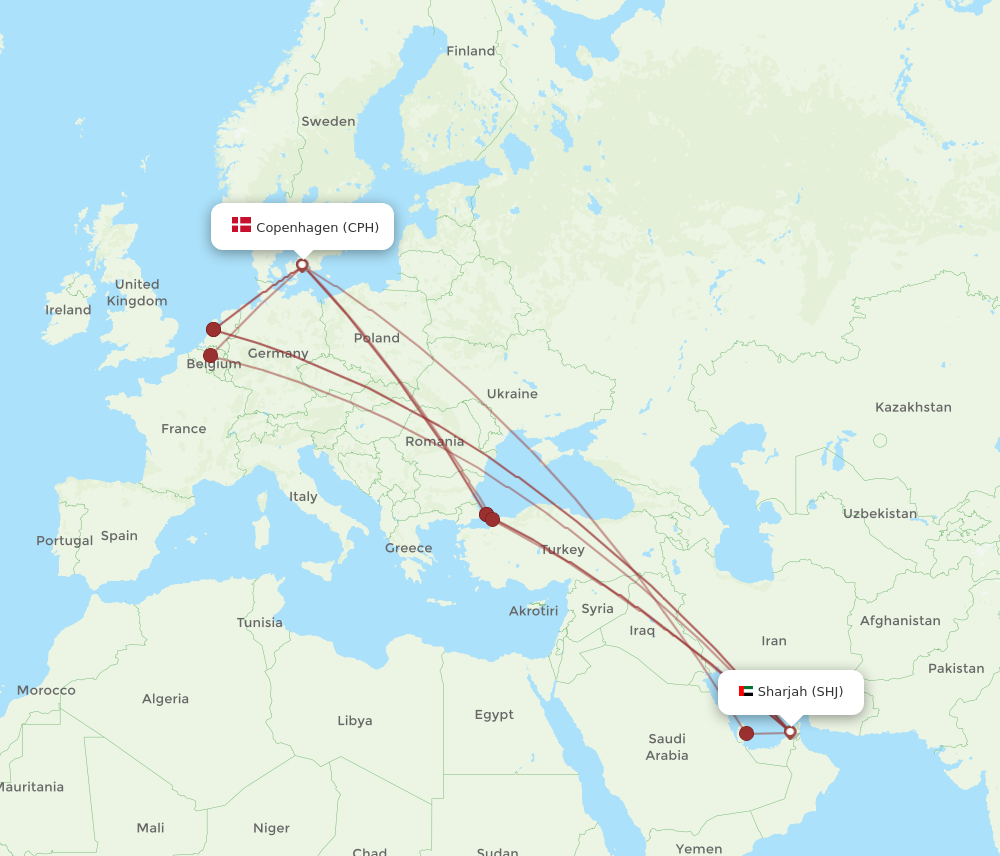 CPH to SHJ flights and routes map