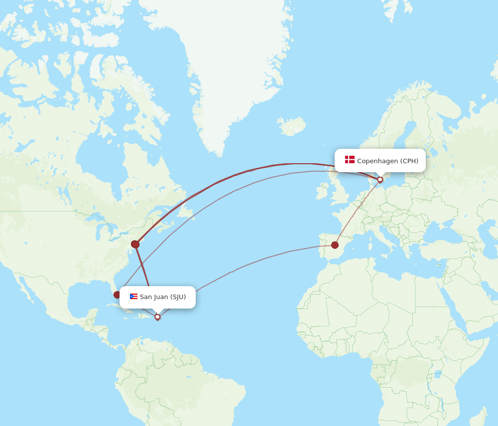 CPH to SJU flights and routes map