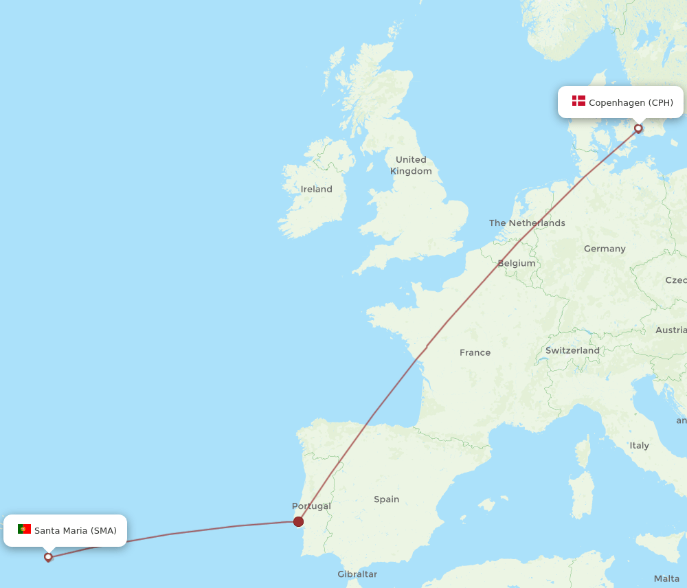 Santa Maria (Azores) - Copenhagen route map and flight paths