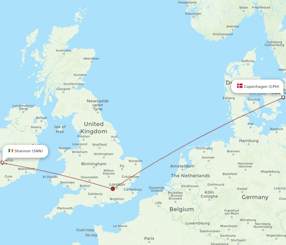 CPH to SNN flights and routes map