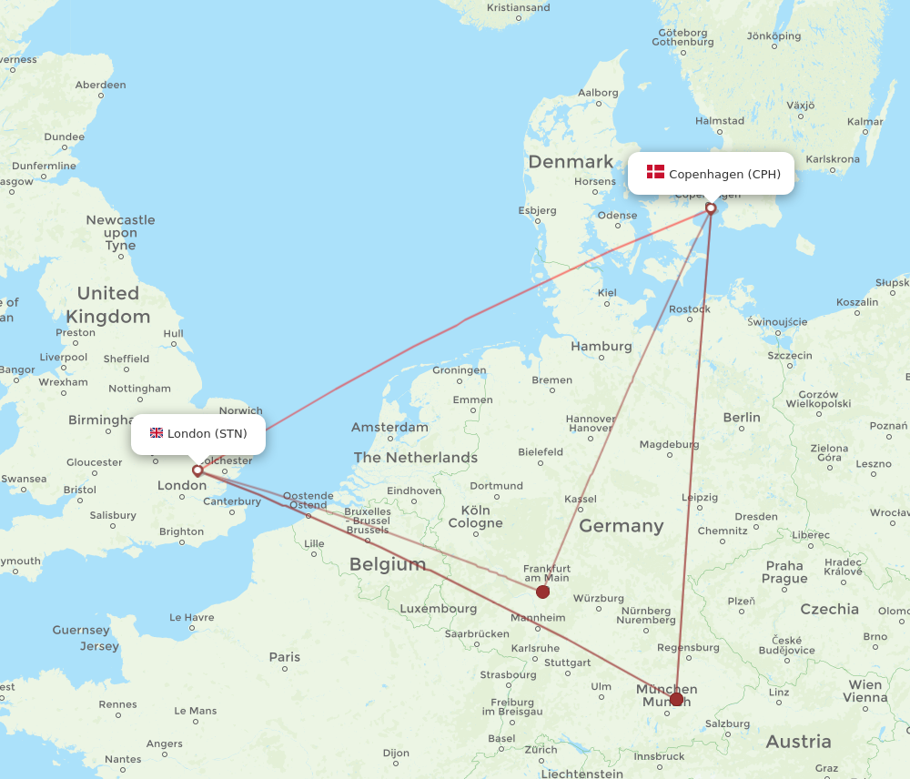 CPH to STN flights and routes map