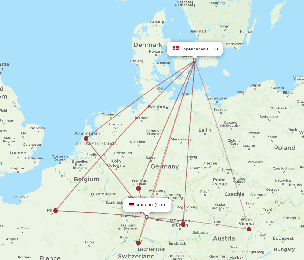 CPH to STR flights and routes map