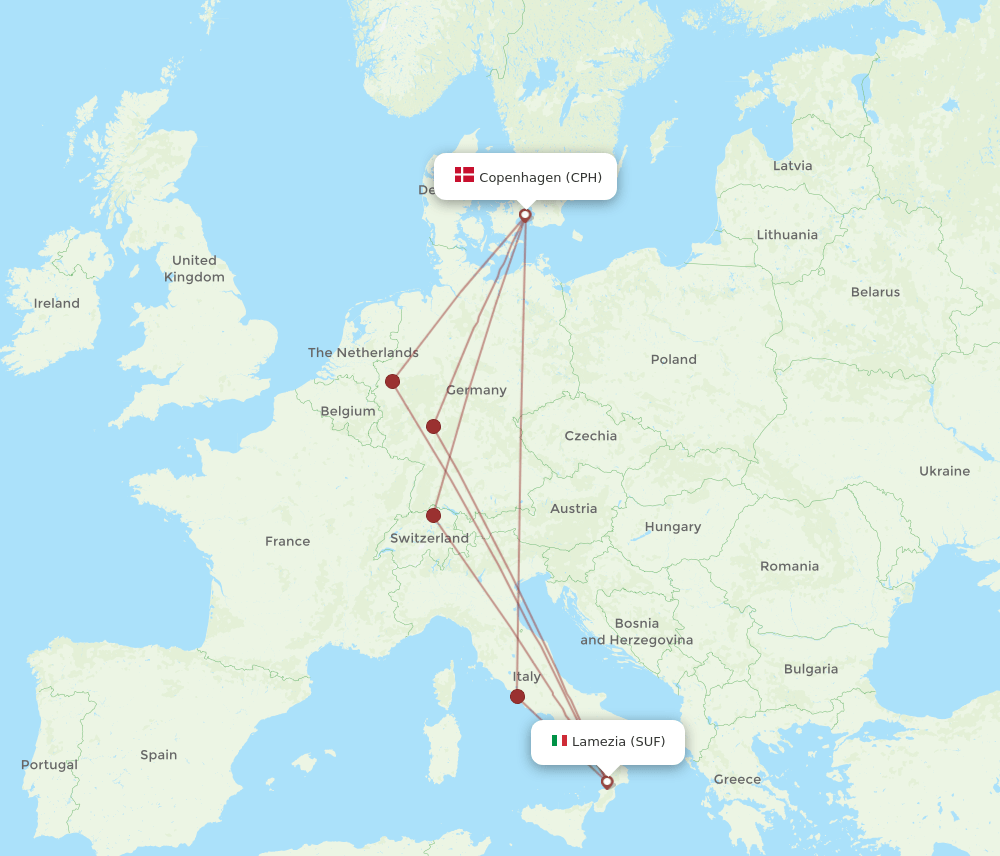 CPH to SUF flights and routes map