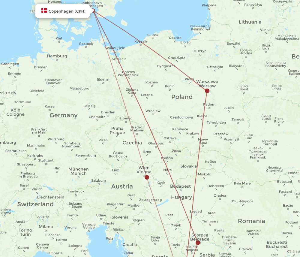 CPH to TGD flights and routes map