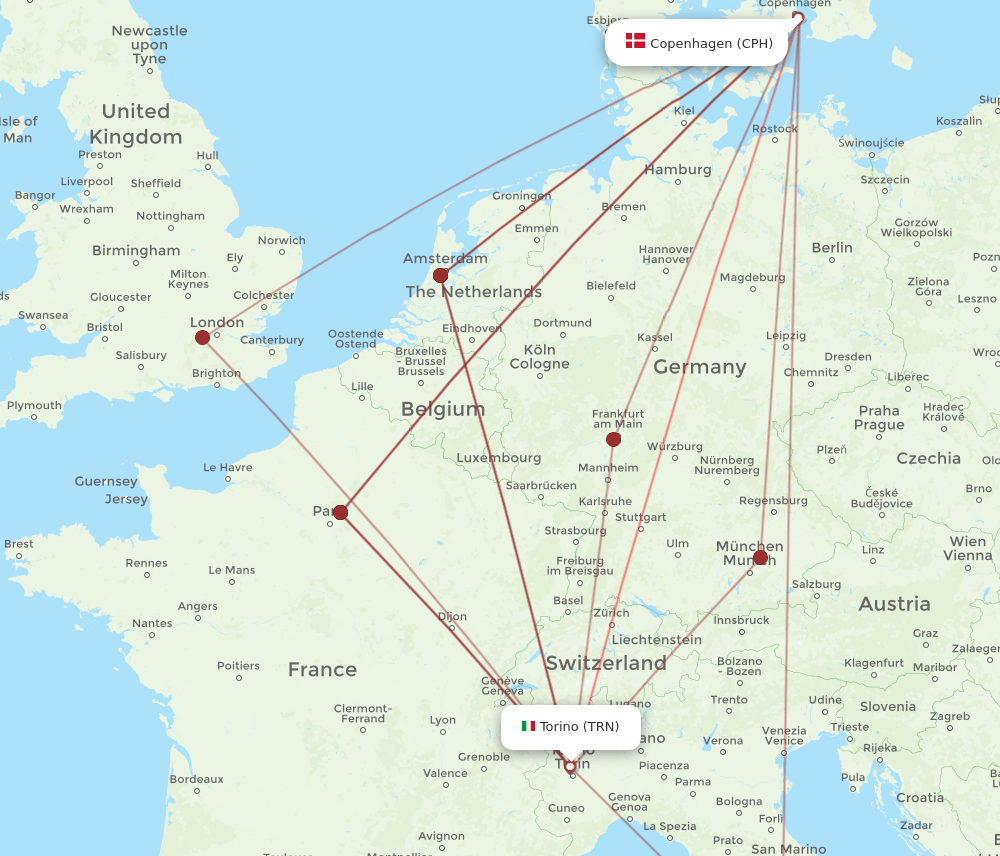 CPH to TRN flights and routes map