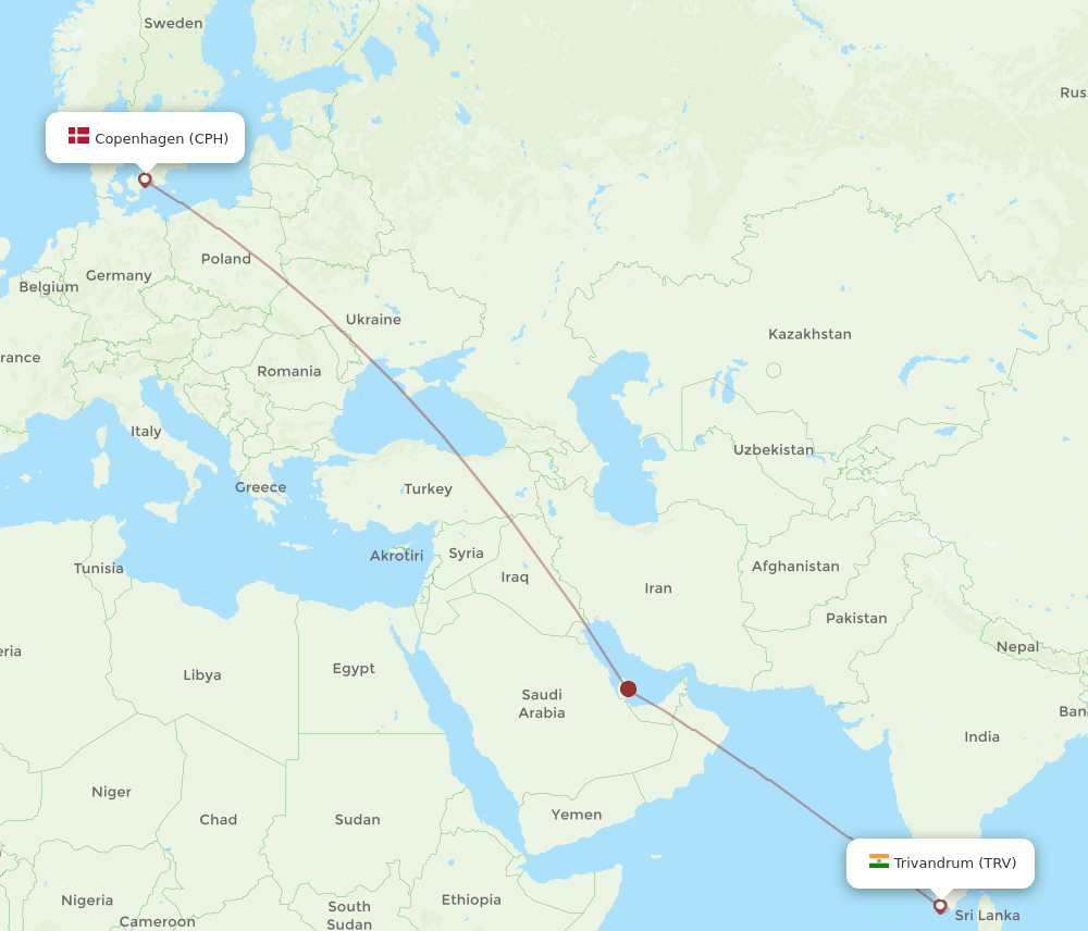 CPH to TRV flights and routes map