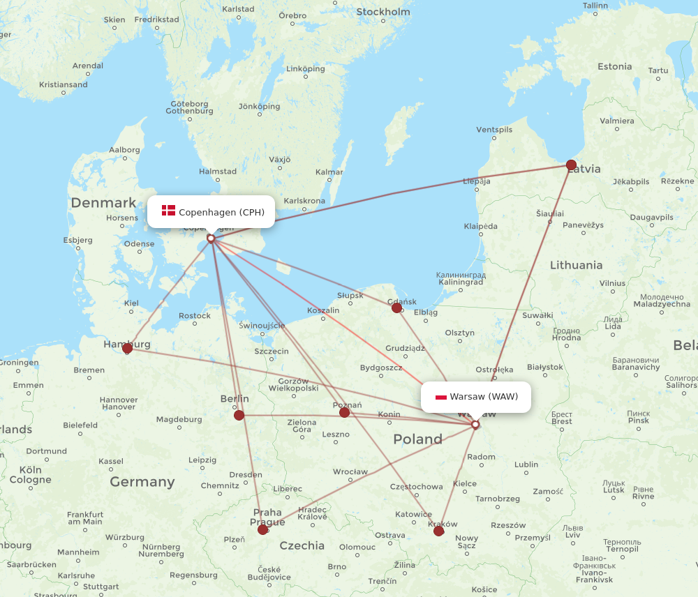 CPH to WAW flights and routes map