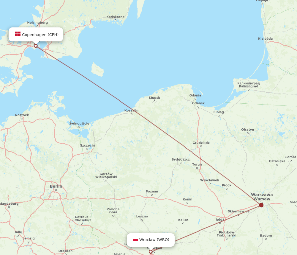 CPH to WRO flights and routes map