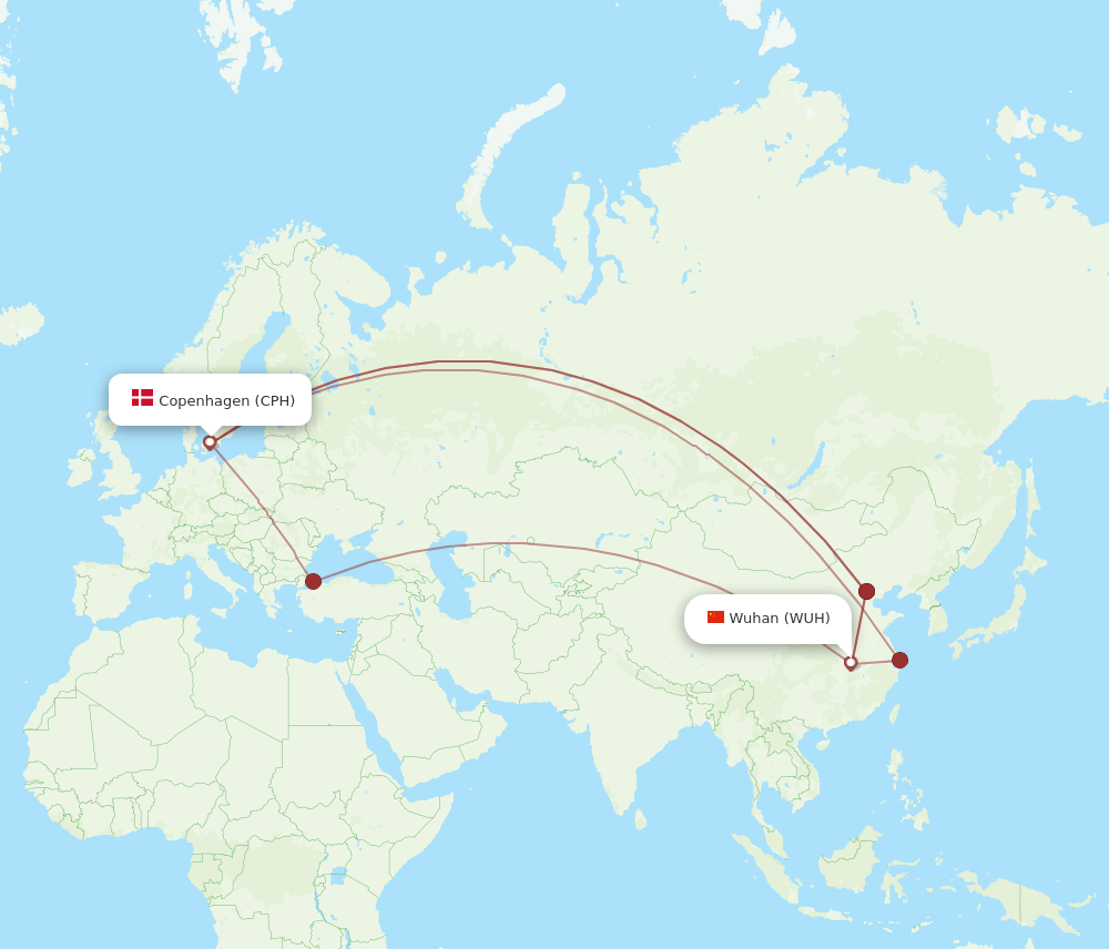 CPH to WUH flights and routes map