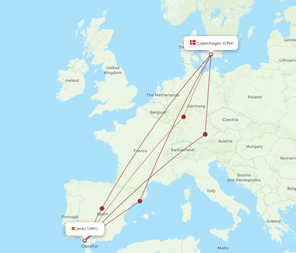 CPH to XRY flights and routes map