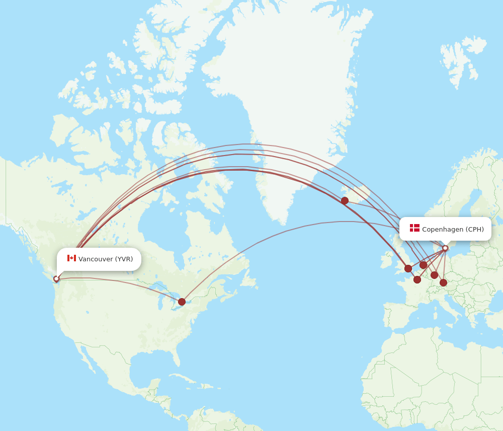 Vancouver - Copenhagen route map and flight paths