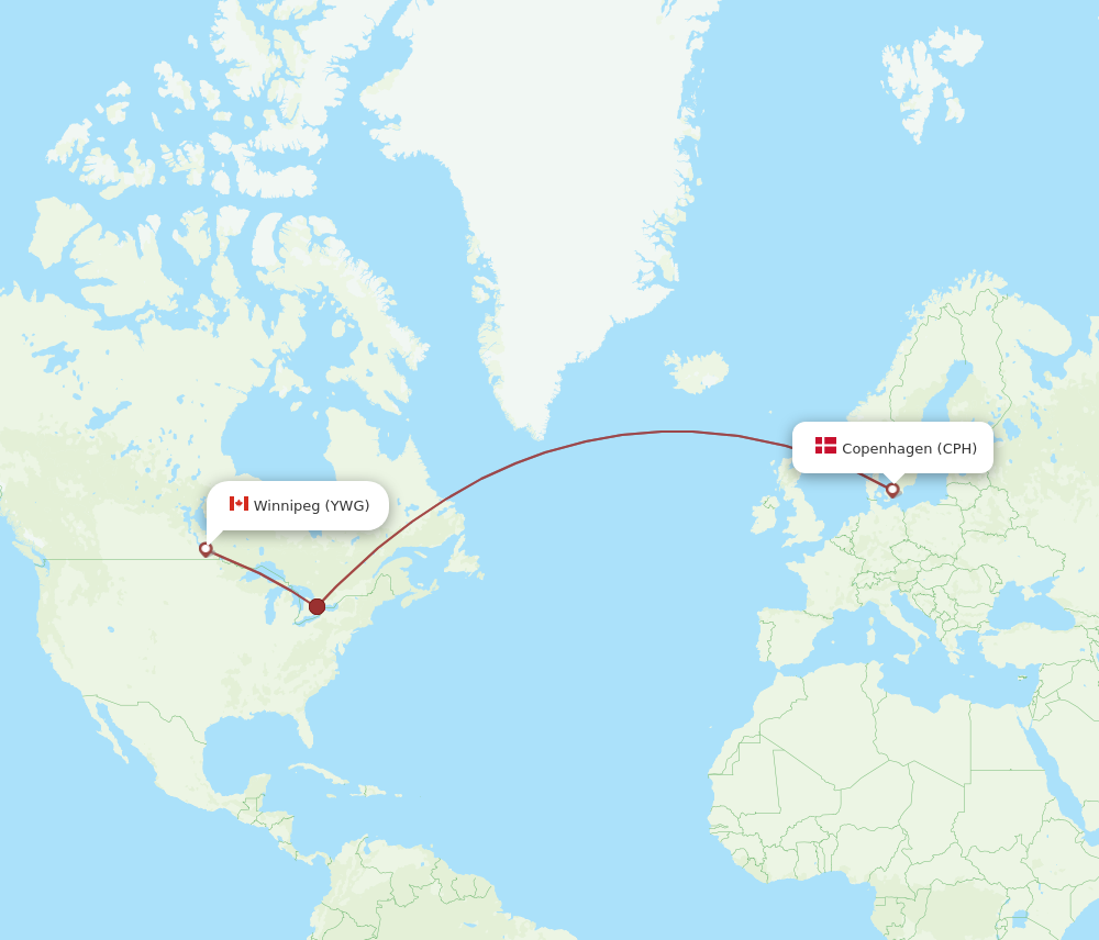 CPH to YWG flights and routes map