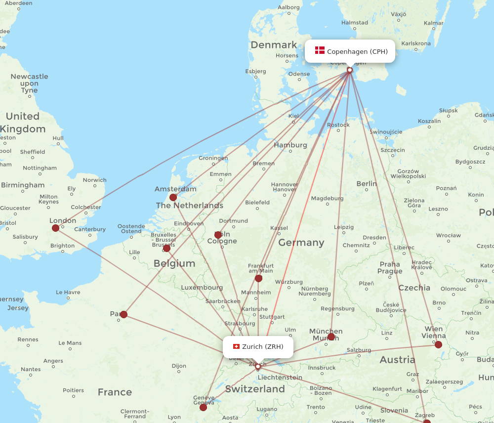 CPH to ZRH flights and routes map